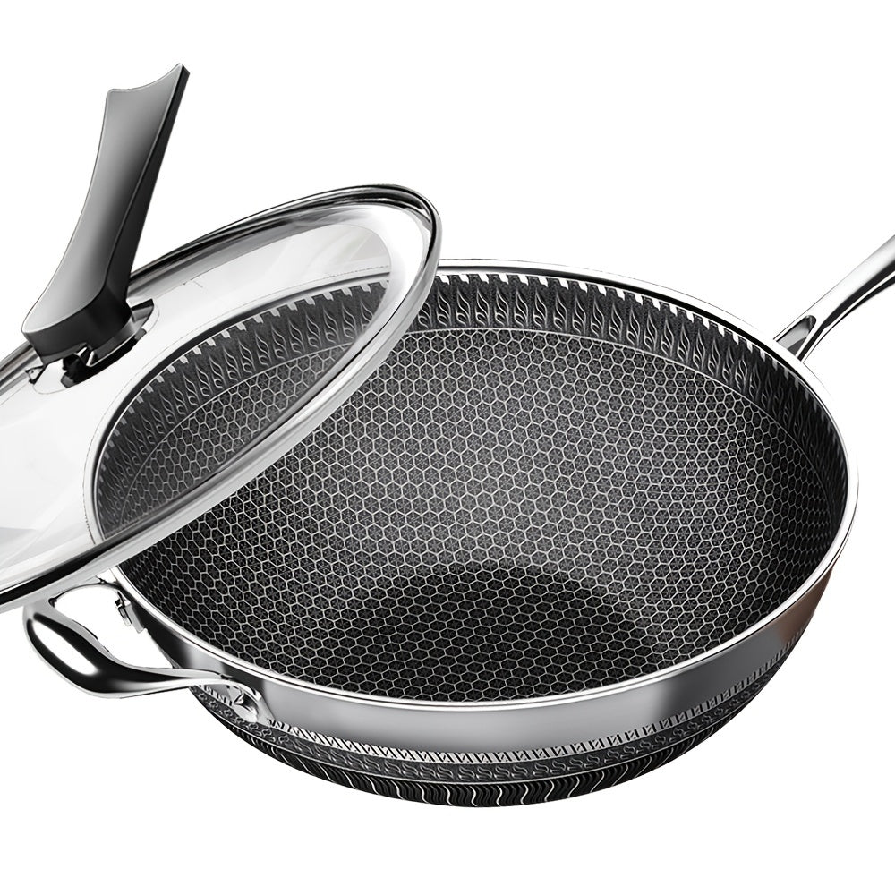 Cook up a storm with this versatile stainless steel wok set, including a lid and flat bottom pot. Suitable for gas stove, magnetic stove, and electric ceramic stove, this kitchenware is a must-have for any home chef.