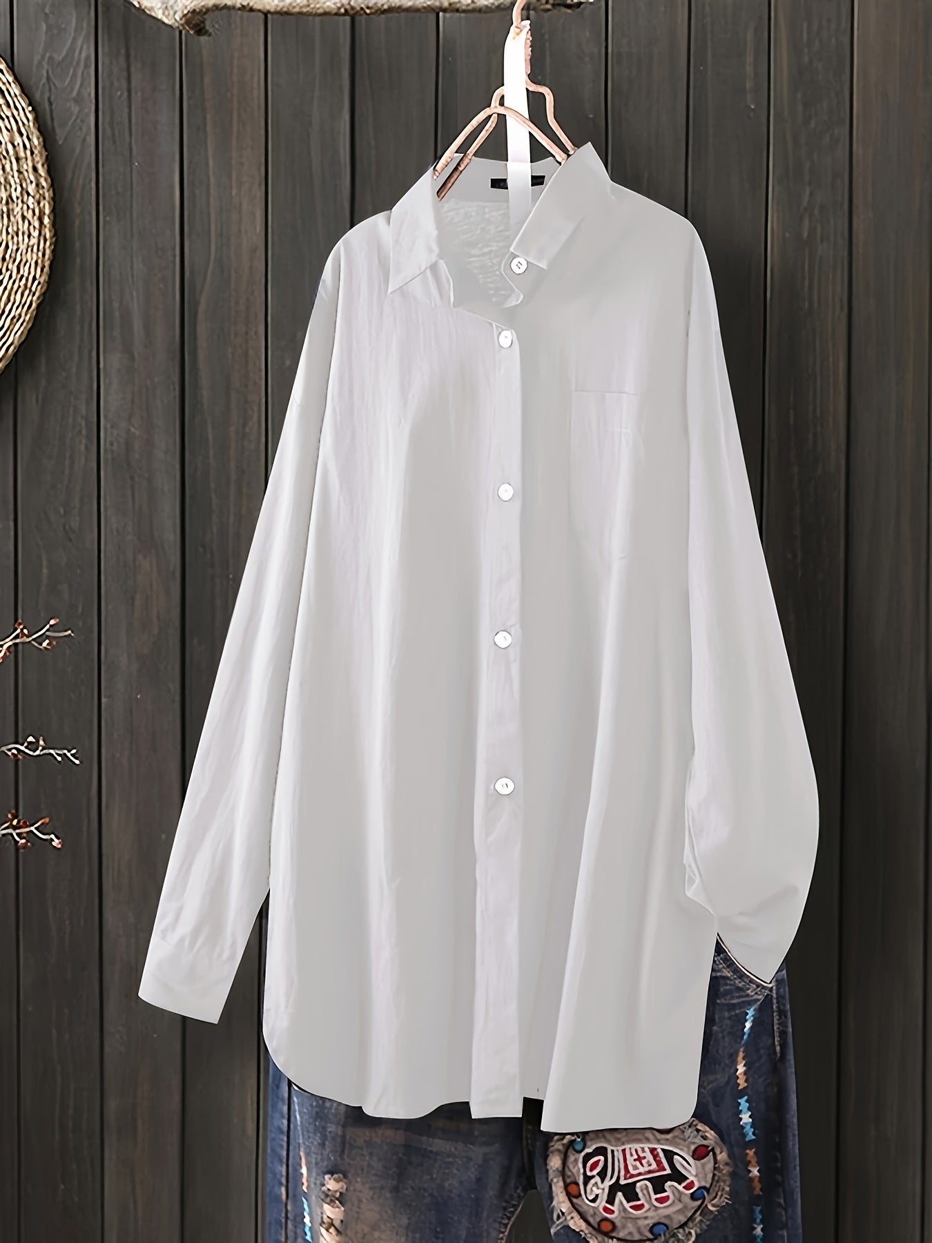 Women's white long sleeve button-up office shirt - loose fit, perfect for work or leisure in spring/fall.