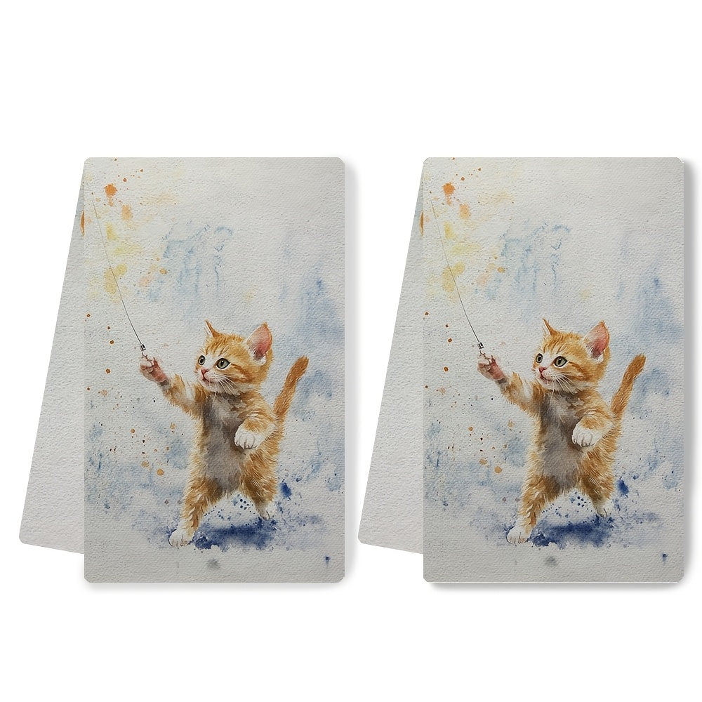 Two Ultra Soft Kitchen Towels featuring Playful Kitten & Laser Pointer Design, made from Highly Absorbent Polyester. Machine Washable, measuring 40.64x60.96 cm - Perfect for Holiday Decor and as Dish Hand Towels.