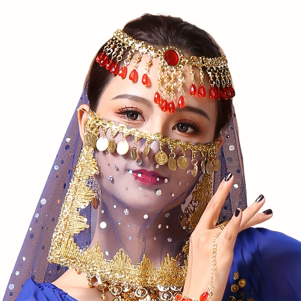 Women's Belly Dance Coin Face Covering Veil for Exotic Western Cosplay Dance Performance