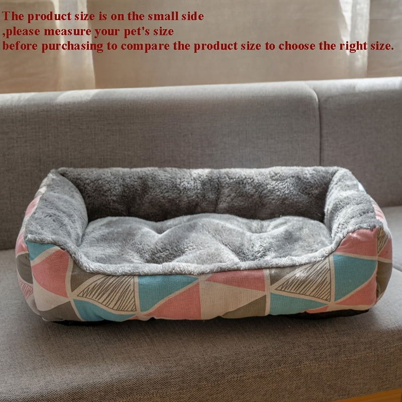 Rectangle pet bed with blue cartoon design, soft and comfortable for small to medium breeds. Made with polyester fiber fill.