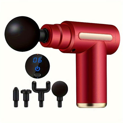 Portable massage gun with LCD display and USB rechargeability, featuring 6 vibration speeds and 4 accessories. Suitable for sports and outdoor use, a great gift idea for the holidays.