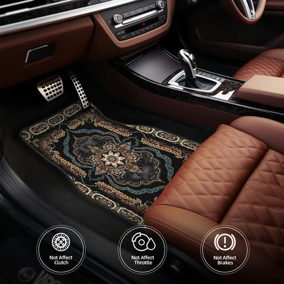 4pc Bohemian Pattern Car Rubber Mats, Non-Slip, Waterproof, Easy to Clean, Made from Synthetic Rubber for Front and Rear Vehicle Use.