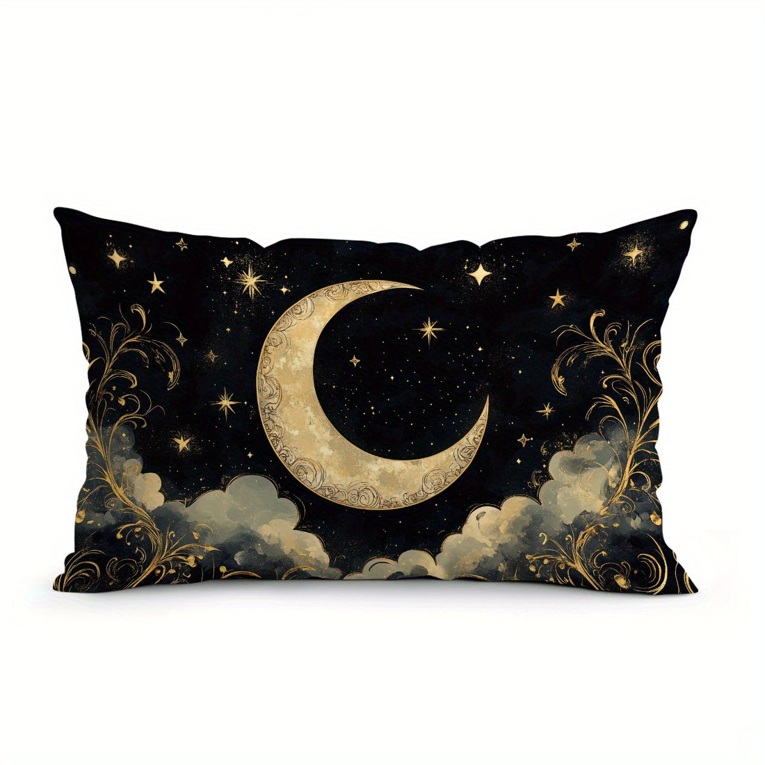 Contemporary crescent moon and stars print pillow cover, 30x50cm, made of soft peach skin velvet with zipper closure. Machine washable and suitable for various room types.