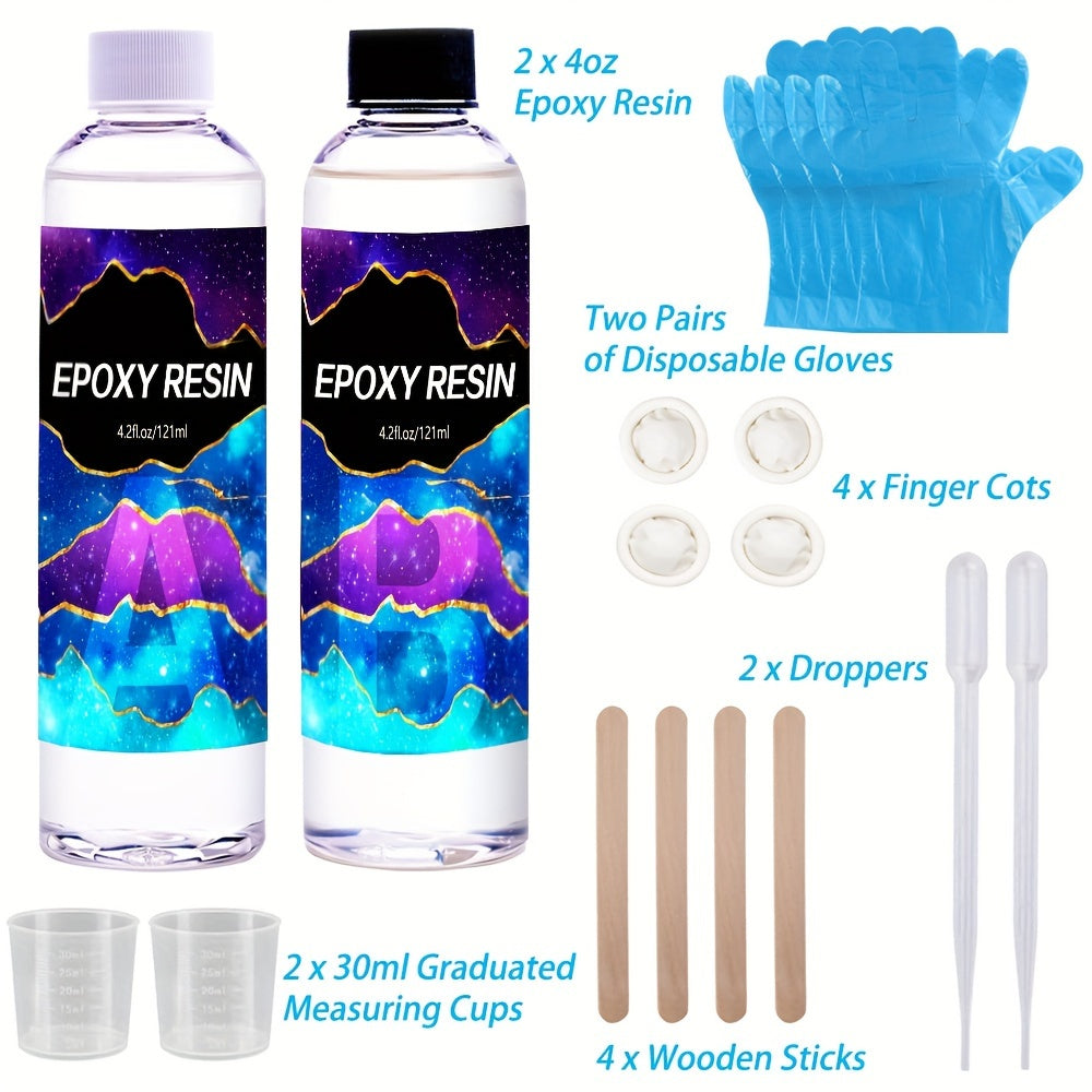 Crystal clear epoxy resin kit with measuring cup, stir stick, and gloves - ideal for mold casting, jewelry making, and crafts, with no bubbles.