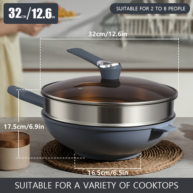 Set of 2 or 4 Non-stick Woks with Lids, includes steamer and spatula. Versatile Household Frying Pan suitable for Gas Stove or Induction Cooker. Features Round and Flat Bottom for Stir-frying. Universally compatible.