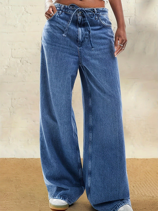 Plus Size High-Rise Wide Leg Denim Jeans in Casual Light Blue. Comfortable, adjustable waistband for all seasons. Casual, relaxed style in a rayon blend.