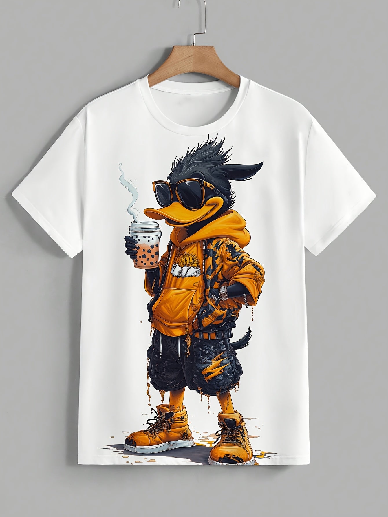 Men's graphic print T-shirt with short sleeves, crew neck, and stylish cartoon design. Suitable for daily wear and outdoor activities, made from durable polyester fabric. Trendy and