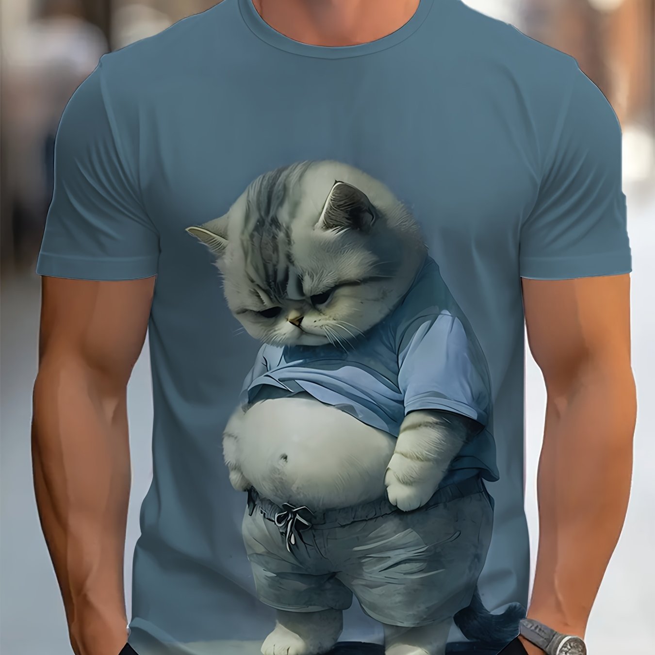 Men'S 3D Cartoon Cat Print T-Shirt, Regular fit tee made of 90% Polyester and 10% Spandex with crew neckline and slight stretch for daily wear & outdoor activities.