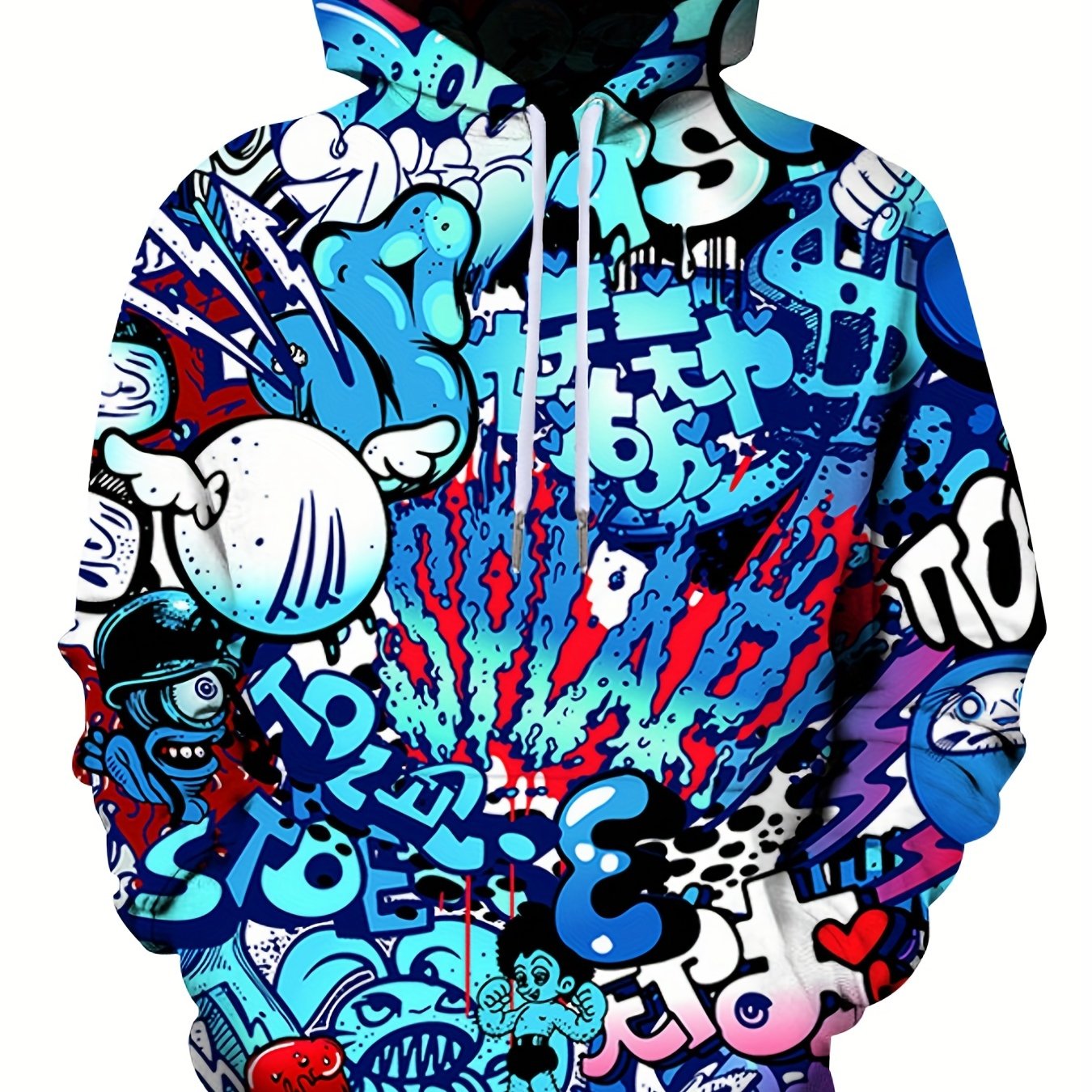 Men's casual sports style hoodie with all-over cartoon print, regular fit, knit fabric with slight stretch, made of 95% polyester and 5% spandex, featuring pockets and suitable for