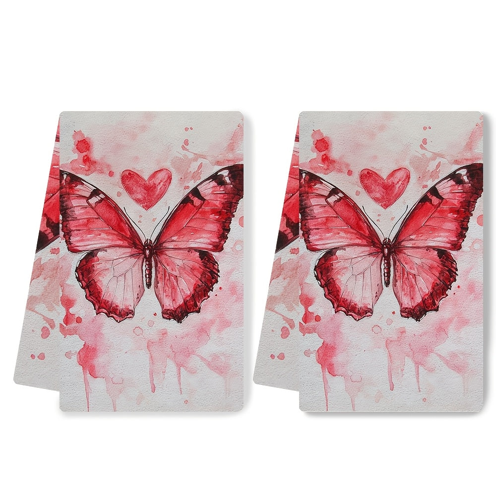 Get into the Valentine's Day spirit with these two ultra soft kitchen towels featuring a vibrant red butterfly and heart design. Made from highly absorbent polyester, these dish hand towels are machine washable and measure 40.64x60.96 cm. Perfect for