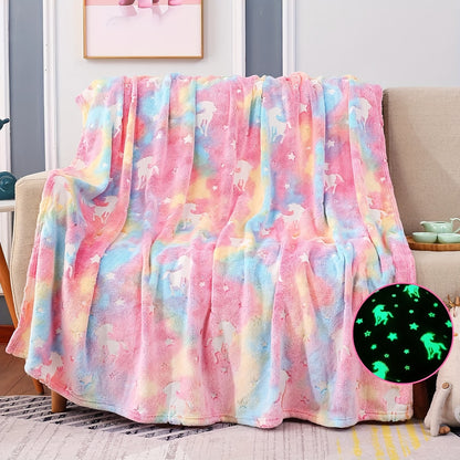 Bohemian Style Unicorn Glow in the Dark Throw Blanket for Kids - Soft Flannel Fleece, Great for Sofa, Bed, Car, and Office - Perfect Birthday Gift with Versatile Use - Machine Washable Polyester Blanket, Luminescent Anime Design, 250-300g