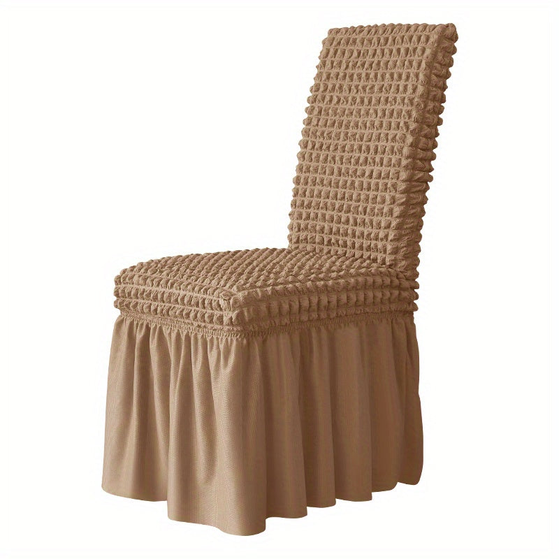 1 Seersucker dining chair slipcover with skirt, non-slip design. Protects furniture in various settings.