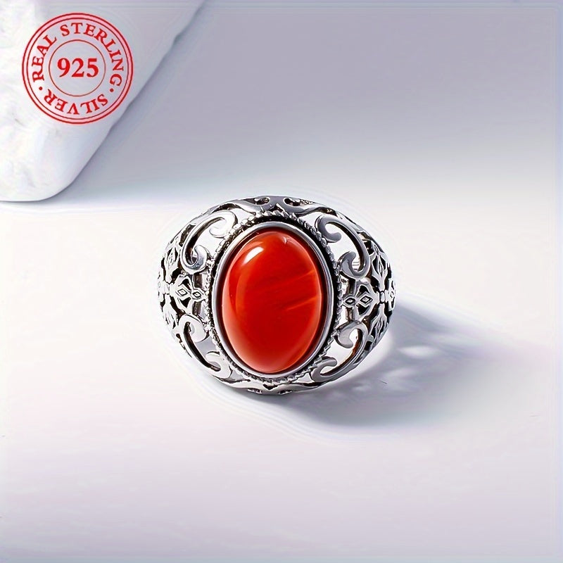 925 Sterling Silver Vintage Punk Style Ring with Adjustable Imitation Jade and Agate Stone, Ideal for Casual Wear or as a Gift