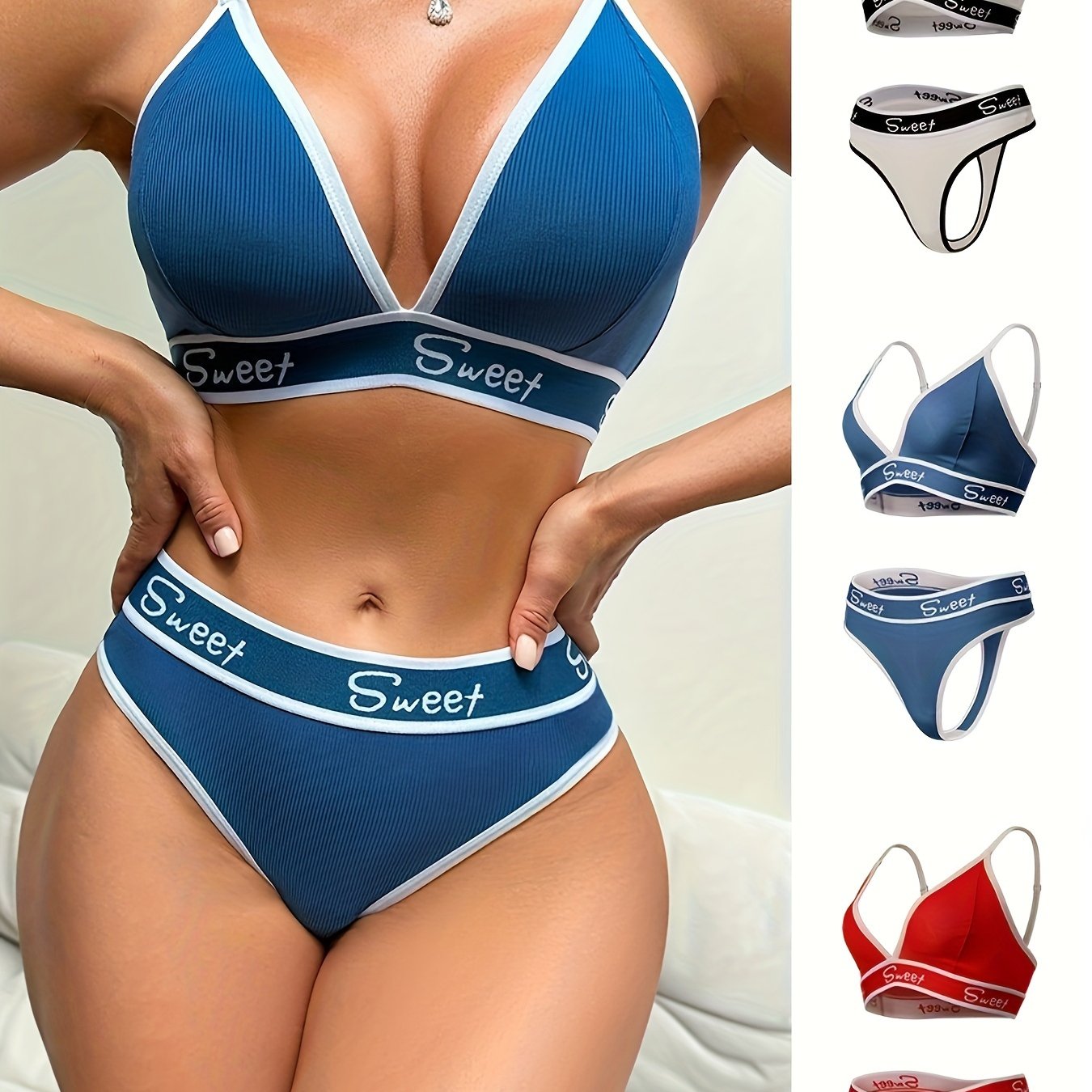 3-piece sporty lingerie set for women includes triangle cup bra, thong, and panties made of breathable polyester blend, non-see-through material suitable for active movement.