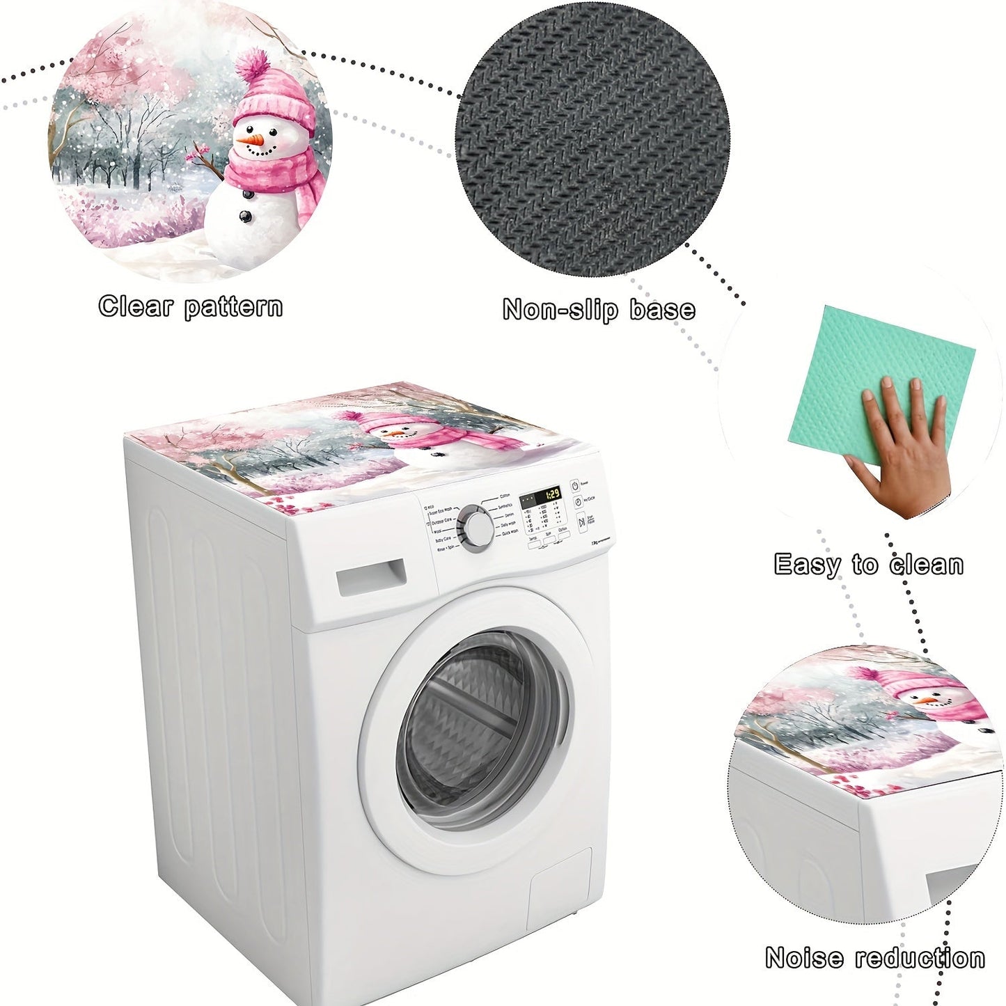 Keep your washing machine clean and festive with this 1-piece dust cover featuring a pink snowman and cherry blossom winter scene. This cover is quick-drying, absorbent, and non-slip, providing protection for your appliance and adding a decorative touch