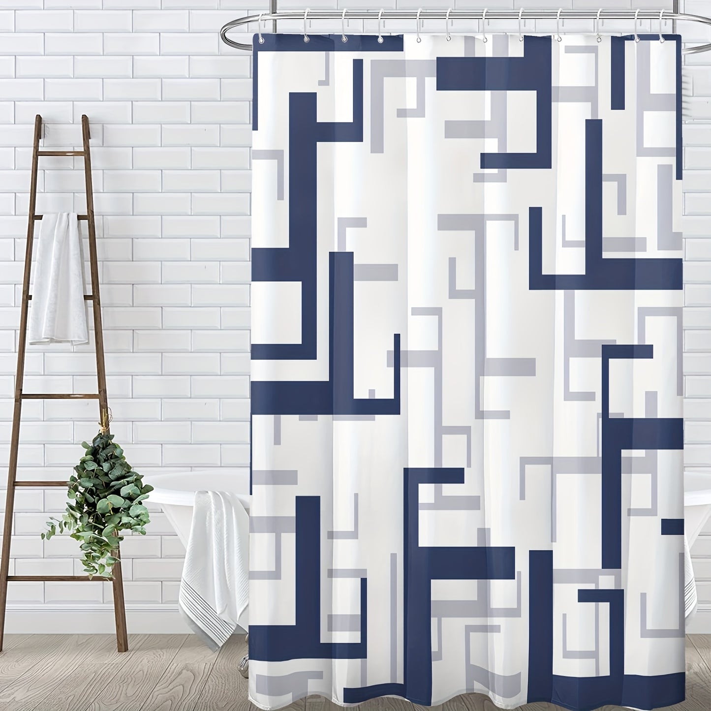 Blue geometric shower curtain with hooks, waterproof and machine washable, ideal for windows and bathroom decor.