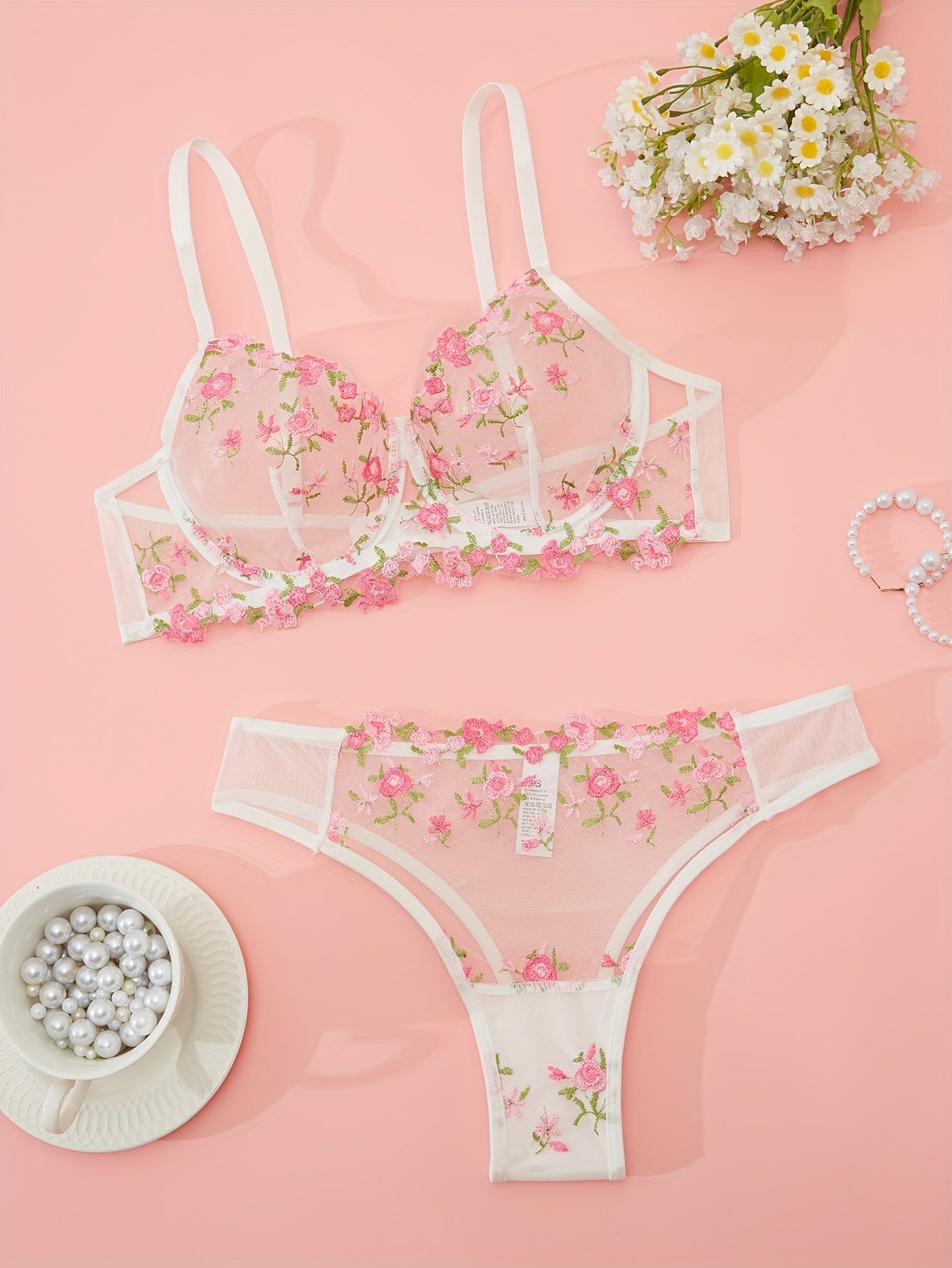 Floral Embroidery Lingerie Set with Sheer Mesh Bra and Panties for Women