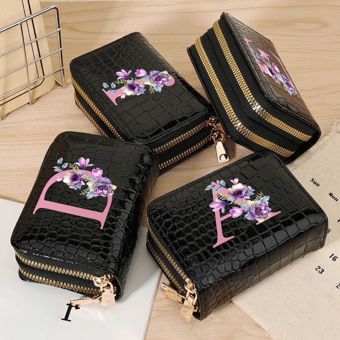 Stylish women's crocodile pattern wallet with "P" design, double zipper handbag in black, white, and pink. Fashionable coin purse for travel and daily use, school accessory with a textured