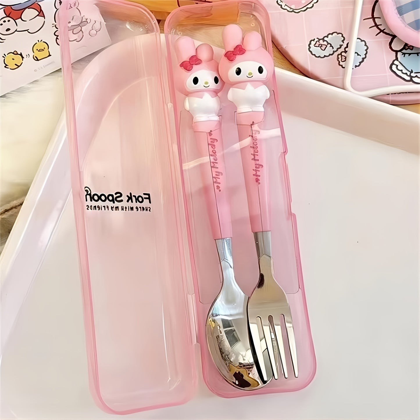 Sanrio Cutie Kouromi Hello Kitty Cartoon Spoon And Fork Set: Stainless steel kitchenware 2-piece set for restaurants and food trucks.