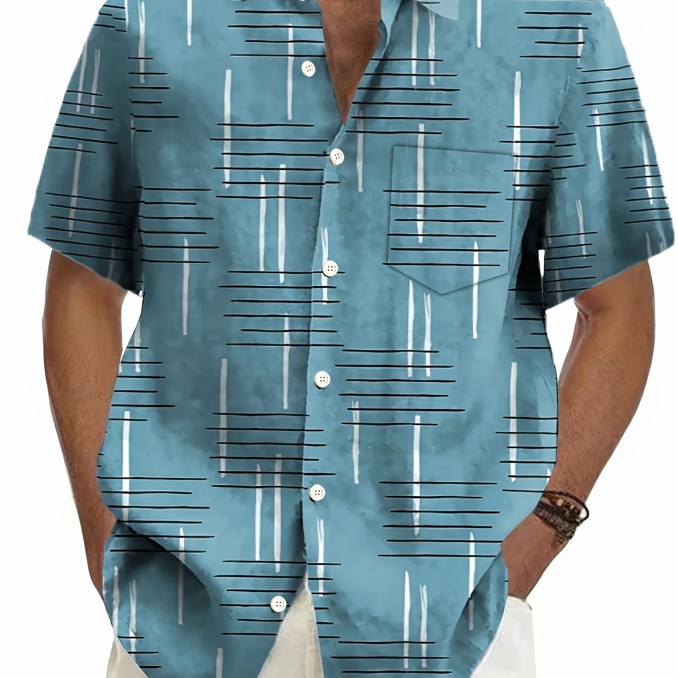 Men's plus size short sleeve shirt with geometric 3D line print, button-up collared design, chest pocket. Lightweight polyester, ideal for summer. Plus size.