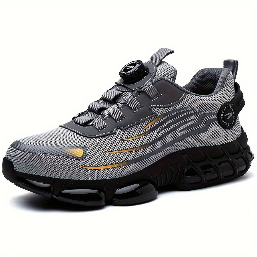 Steel-toe work shoes for men with puncture and crush resistance, slip-on design and knit fabric upper