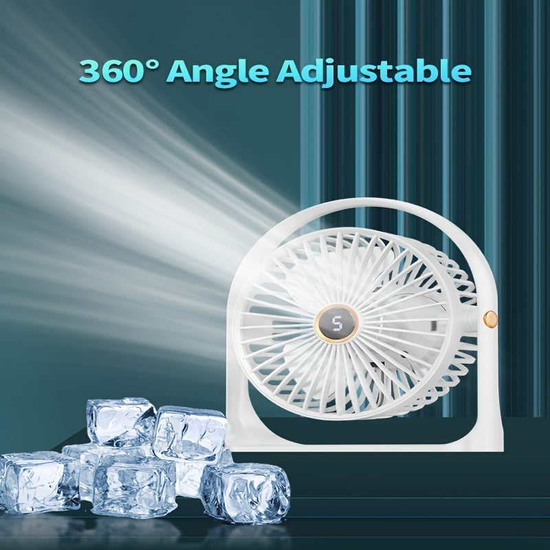 Compact USB powered table fan, 5W handheld rechargeable clip-on personal fan with lithium battery, operates quietly for use in home, office, car, and dorm - made of durable plastic with easy push button control.