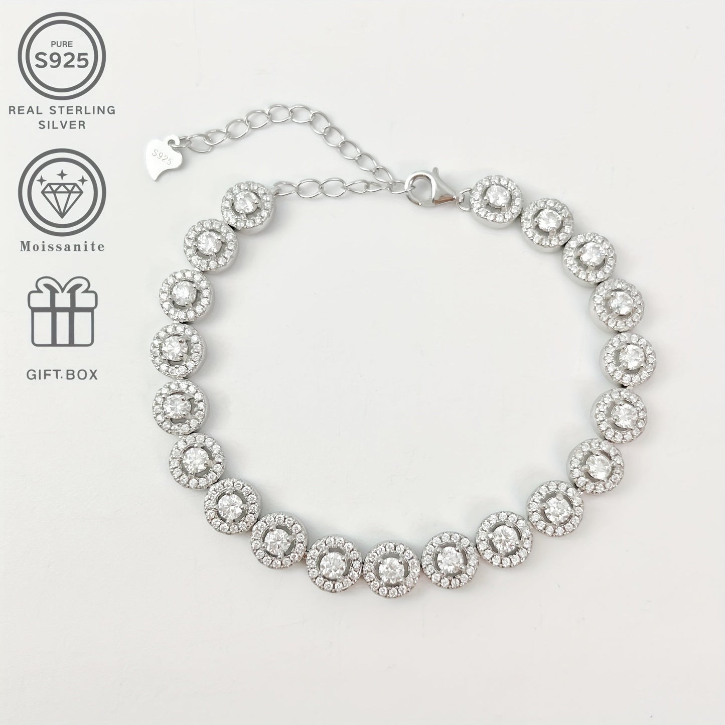 PROLIANCE Luxury 0.1 Carat Moissanite Tennis Bracelet in S925 Sterling Silver - Ideal for Weddings, Parties, and Gifts. Comes in a Gift Box, Suitable for Hip-hop Jewelry, Summer Beach, Music Festivals, Graduations, and Christmas. Features a Simple yet