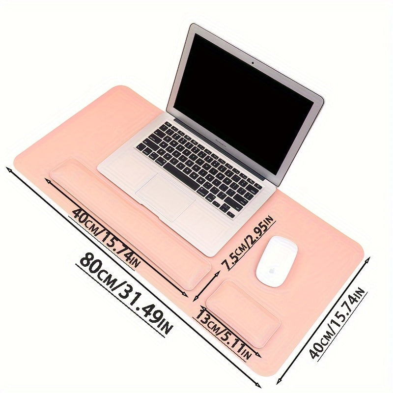 Ergonomic 3-piece desk set includes large faux leather mouse pad, keyboard mat, and wrist support for non-slip office desk protection.