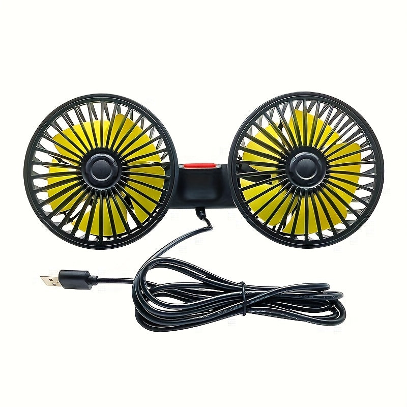 Compact car fan with dual-head rear seat design, providing powerful airflow with 5 blades and 360-degree rotation. Offers large air volume and operates quietly, with easy clip installation and foldable design that hides under the headrest. Removable for