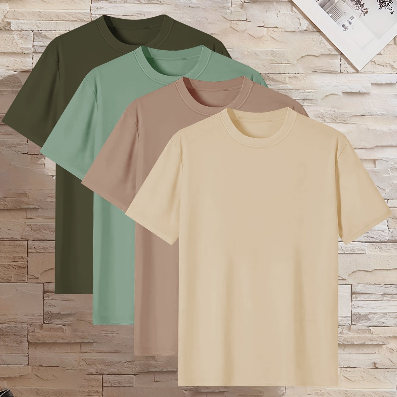 4 men's short sleeve t-shirts in solid colors - casual polyester loungewear, crew neck, machine washable, perfect for summer lounging.