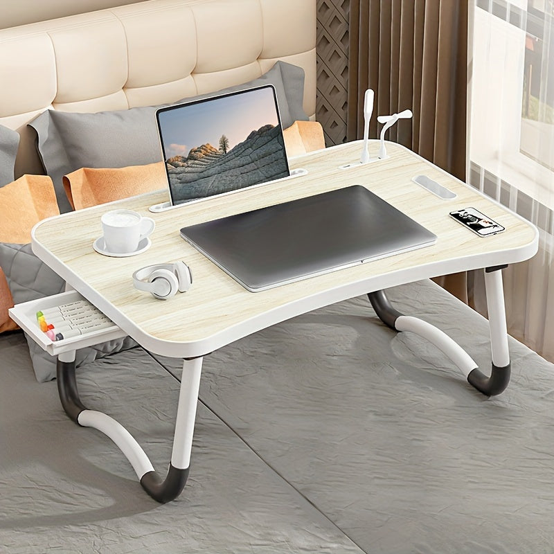 Large portable laptop bed desk with cup holder and drawer, great for eating, reading, and writing in bed, on sofa, or on floor.