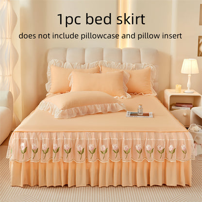 Luxury bed skirt with lace trim and rose embroidery, machine washable, soft fabric, non-slip ribbon fixation, suitable for various rooms. Made of 100% polyester.