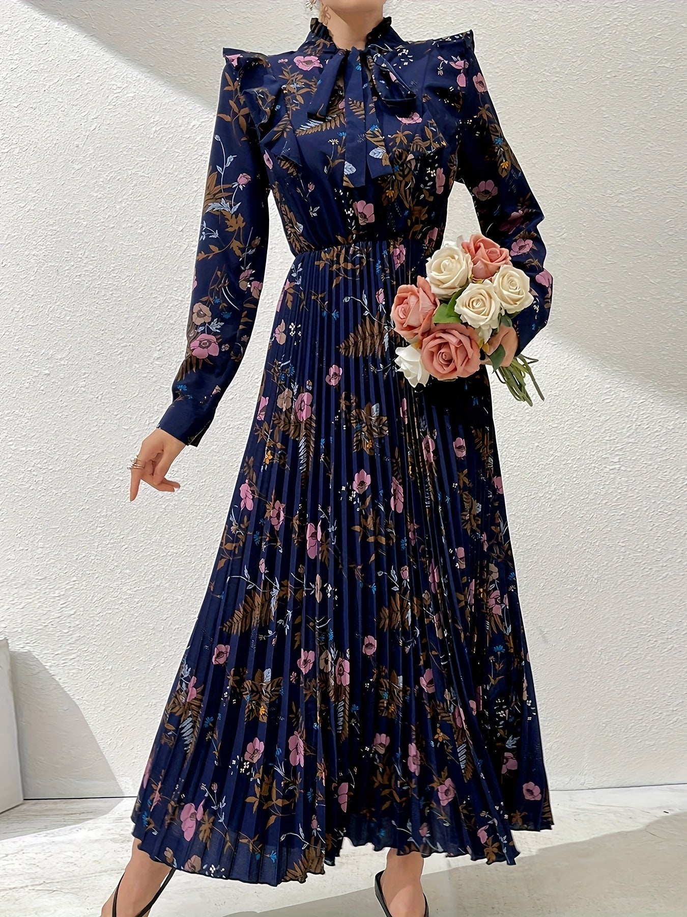 Floral print kaftan dress with tie neck and ruffle trim, elegant long sleeve pleated A-line maxi dress for women's clothing.