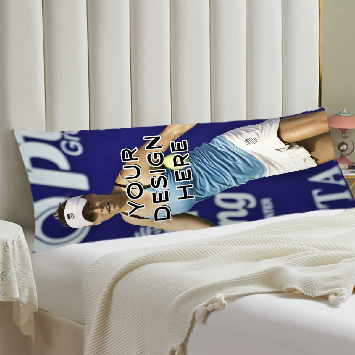 Long body pillow with custom picture and text, personalized pillowcase featuring idols, anime characters, or loved ones. Made of short plush material with double-sided printing. Does not include pillow core. Size: 50.8 × 137.16 cm.