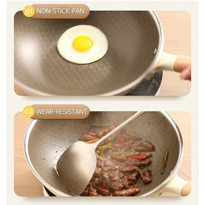 The COOKER KING Chef's Pan is a non-stick wok with a Titanium coating and stainless steel construction for healthy cooking. It features multi-layer construction, no chemical coating, and is PTFE & PFOA free. The pan is also induction compatible and comes