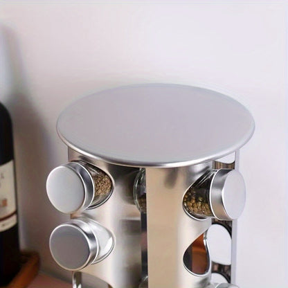 Spice up your kitchen organization with our 360° Rotating Stainless Steel Spice Rack! This convenient rack can hold 12, 16, or 20 jars and comes with reusable labels and a funnel for easy filling. Perfect for keeping your spices neatly organized and