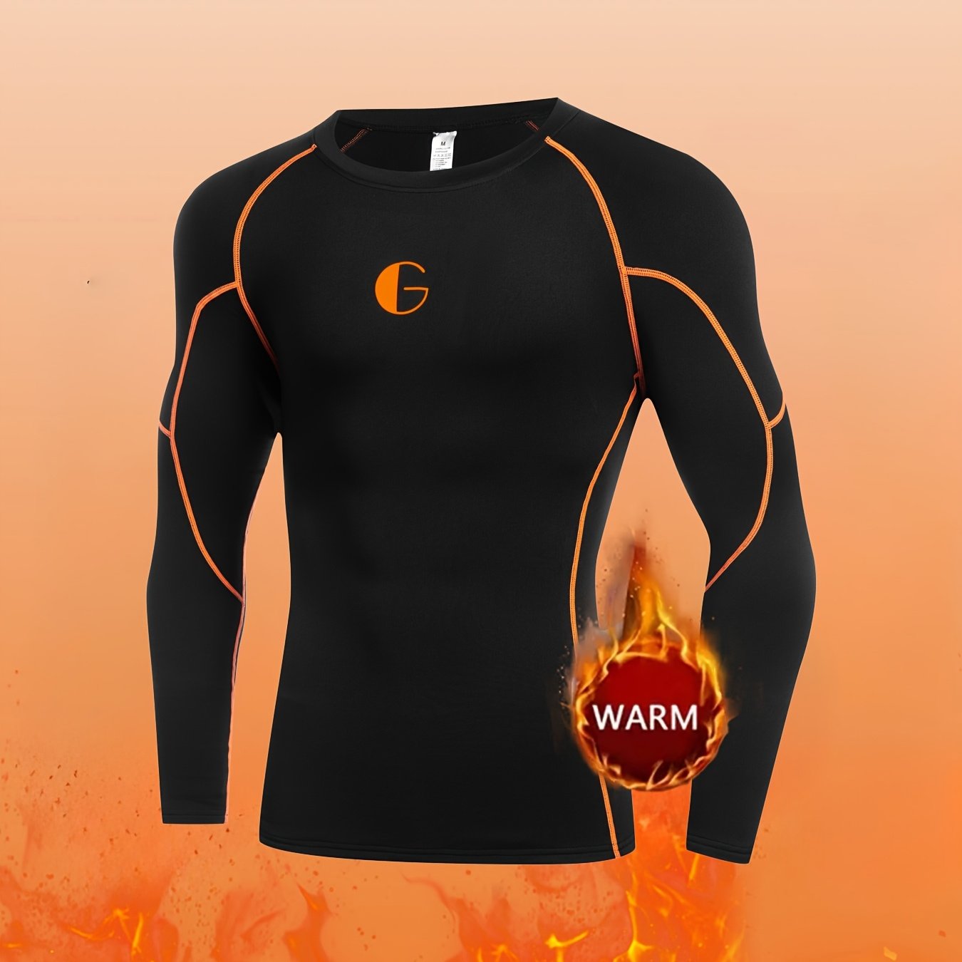 Men's thermal long-sleeve shirt with fleece lining in black with orange logo, made of high-elastic polyester blend for cold weather. Ideal for outdoor sports, skiing, and hiking. Features a