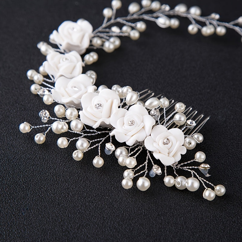 Elegant faux pearl headband headdress handmade for the bride, a perfect accessory to complement her wedding dress with beautiful rose detailing. Ideal for adding a touch of glamour to the wedding day look.