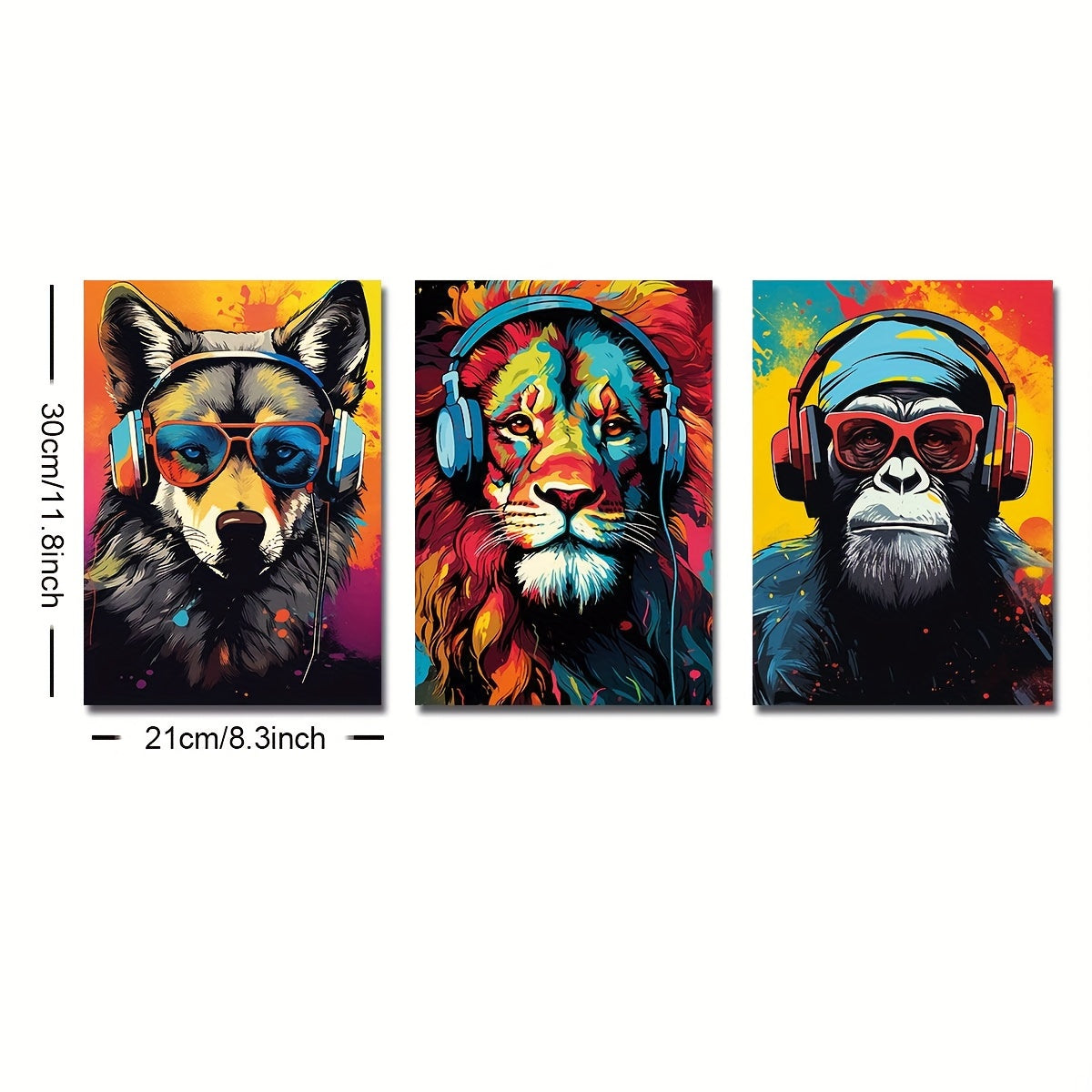 Canvas posters featuring modern art of animal earphones - tiger, wolf, and chimpanzees. Ideal for gifting or decorating bedrooms, living rooms, or corridors. No frame included.