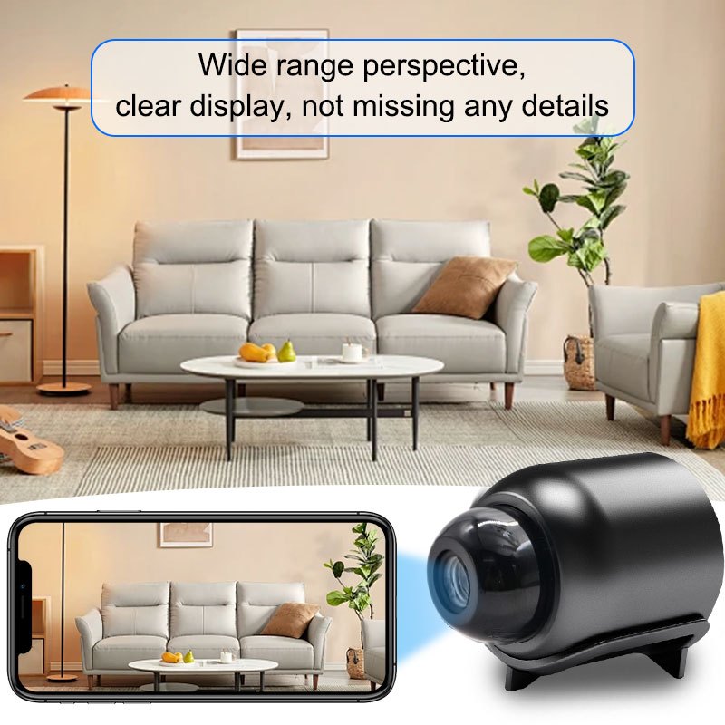 Mini WiFi surveillance camera in sleek black design with TF card slot. Ideal for home security and pet monitoring. USB powered and compatible with smartphones. Compact 480P resolution. SD card not included.