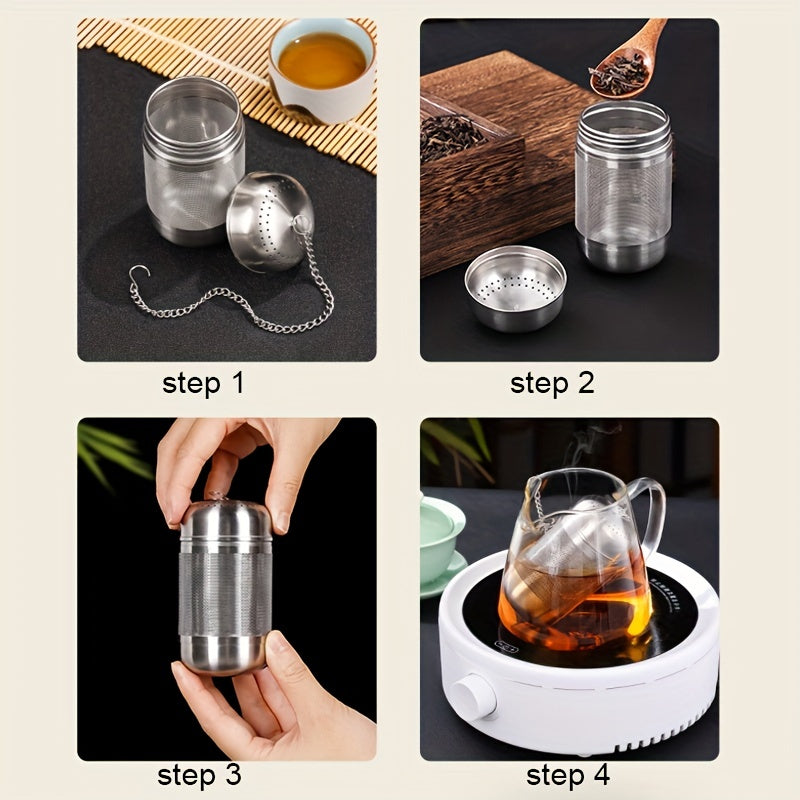 One piece of a large tea infuser made of 304 stainless steel with a mesh tea ball design. This food-grade tea strainer includes an interval diffuser and an extended chain hook for loose leaf tea and coffee. Perfect for coffee accessories.