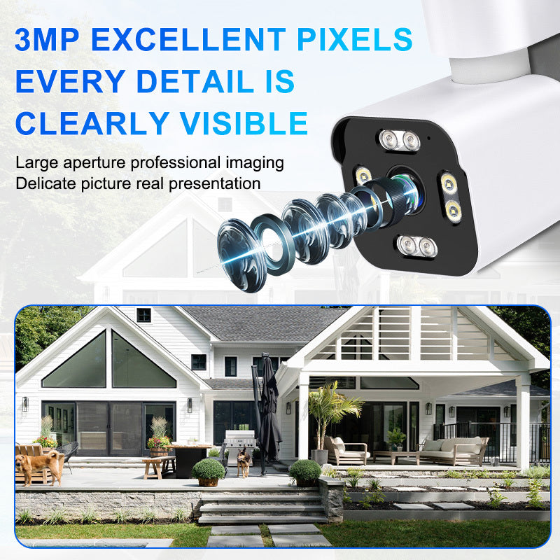 Advanced wireless security camera with intelligent features for night vision, including infrared and white LED lights. Equipped with full-color and infrared night vision capabilities, two-way voice communication, 365-degree horizontal PTZ, humanoid