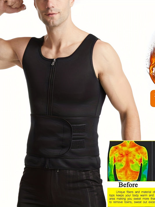 Men's body shaper tops with tummy control belt, sleeveless round neck tank tops.