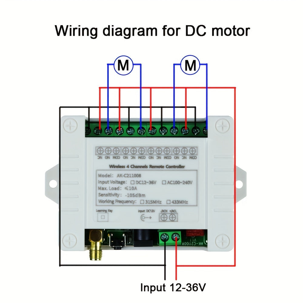 4-channel wireless remote control with RF receiver for switches, features metal transmitter for home and office use, operates on 433MHz frequency and supports 10A, 12V-36V DC input.