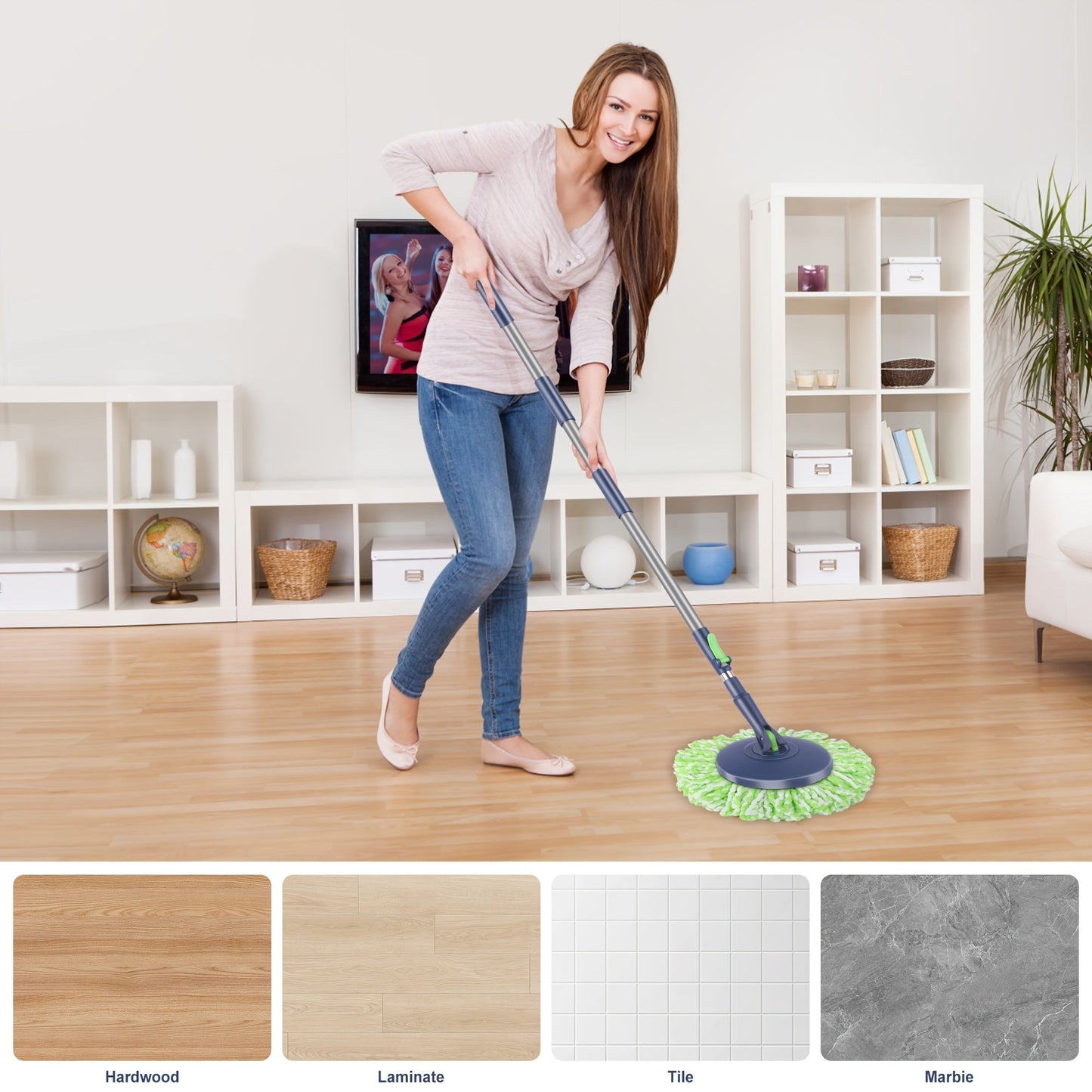 Introducing the MySpry Spin Mop and Bucket Set - A Heavy Duty Floor Cleaning System with Wringer. Say goodbye to needing electricity as this set is perfect for use in your Living Room, Bedroom, or even outdoors. Made of durable plastic material in a