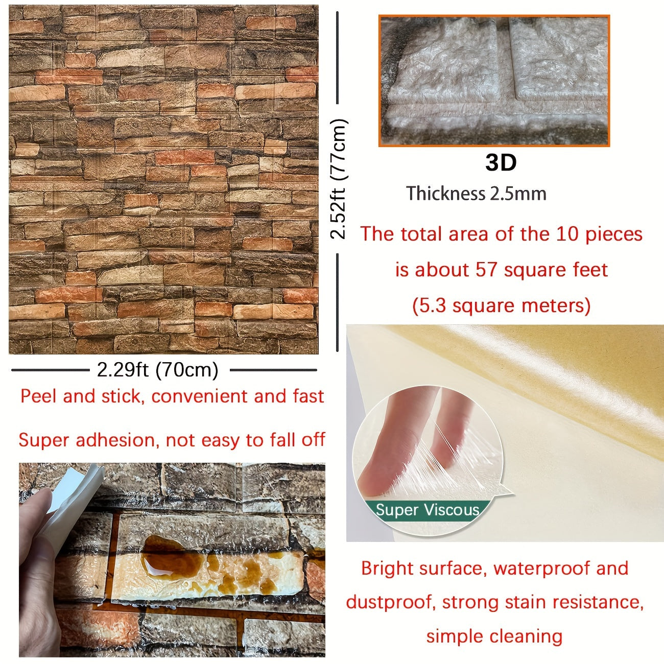 10pcs self-adhesive PVC wallpaper 3D brick wall stickers measuring 70cm X 77cm for DIY home decor in bedroom and bathroom.