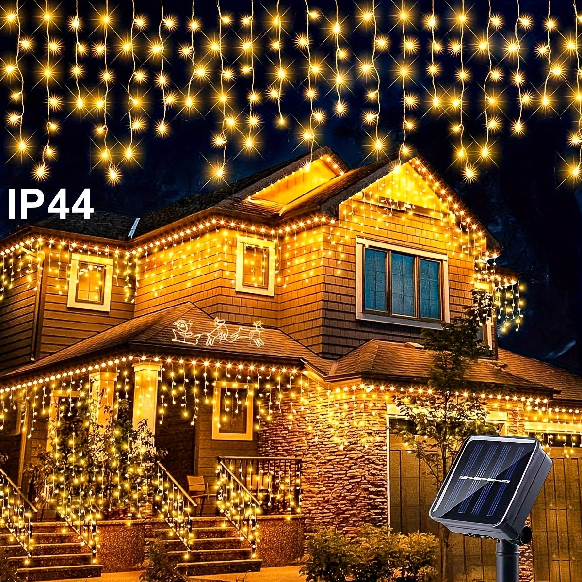 Outdoor icicle lights powered by solar with 8 modes for decorating yard, patio, tree, balcony, roof, and wall. Available in warm white, white, and multicolor for Christmas, Halloween, Thanksgiving, and more.