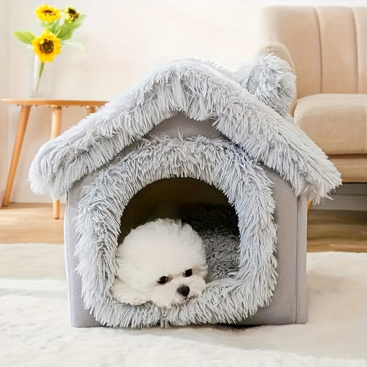 Plush pet bed for cats and dogs with removable non-slip bottom, suitable for four-season use in a semi-enclosed design.