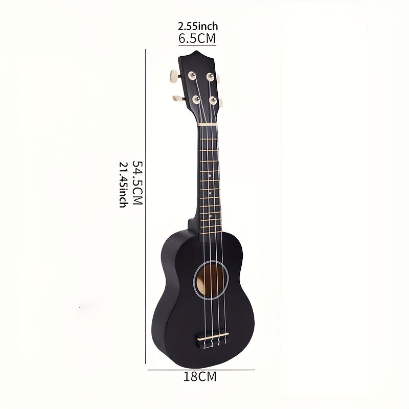 21-inch high pitch ukulele for adults and teens, made of solid basswood with four strings, in black color.